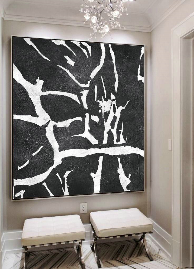 Acrylic Painting Wall Art,Oversized Minimal Black And White Painting - Hand-Painted Canvas Art